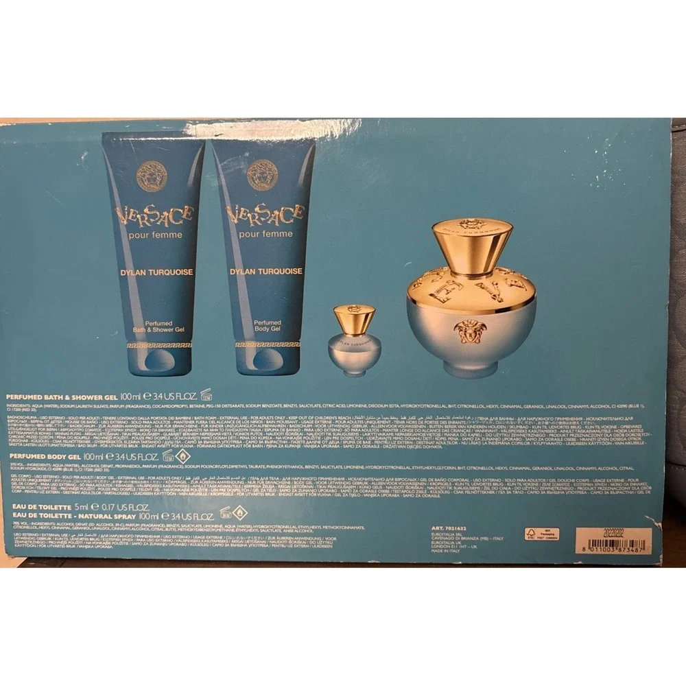 DYLAN TURQUOISE by Versace | Women's 4 Pcs Gift Set: 3.4+0.17 EDT+3.4 S.Gel+Body